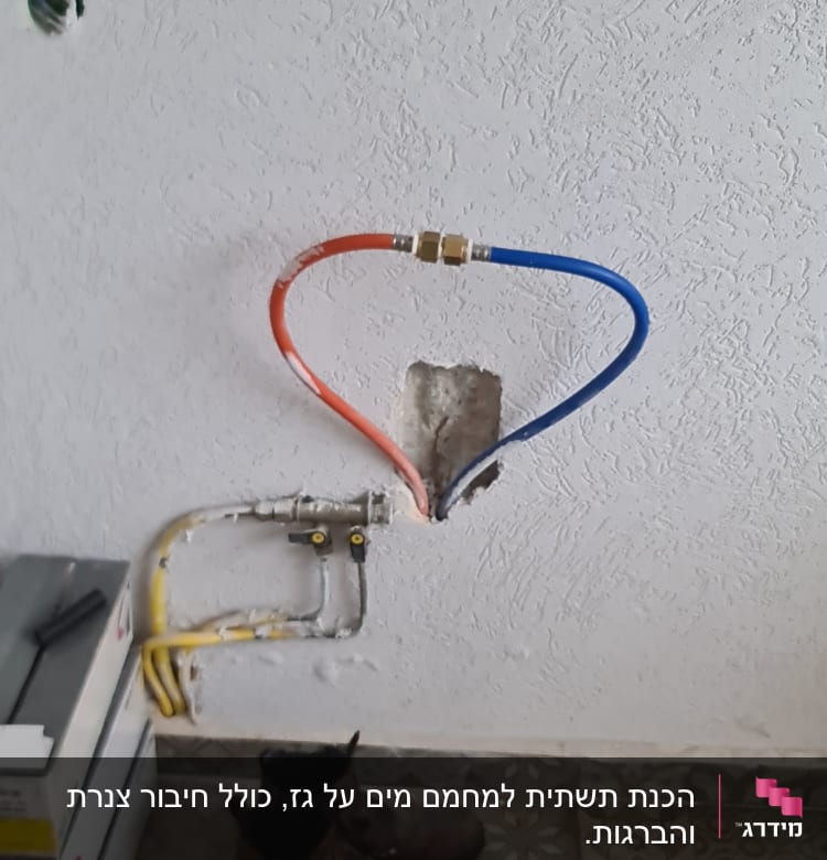צינורות מים כחול ואדום מחוברים לקיר